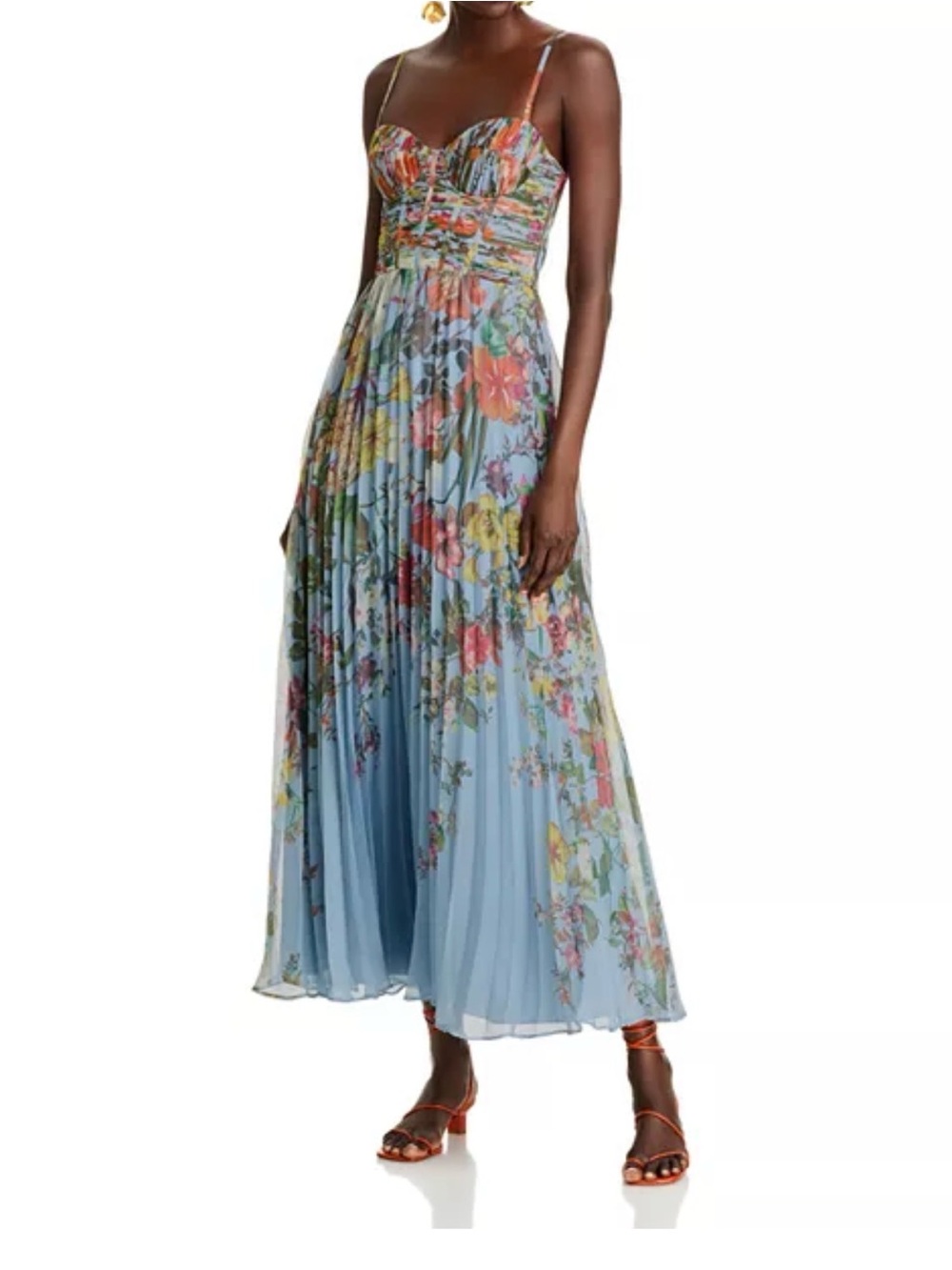 Aqua Blue Floral Pleated Midi Dress